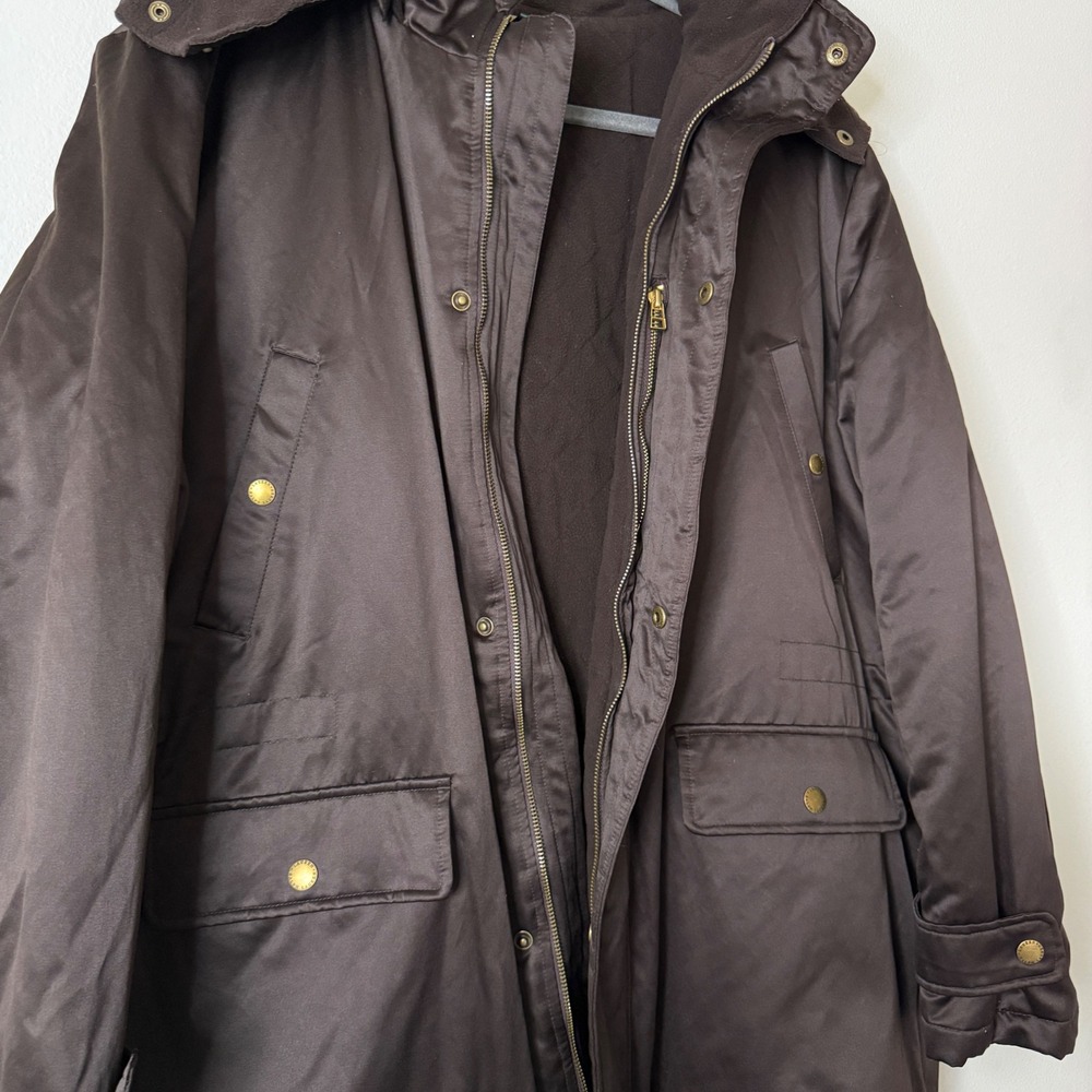 Lauren Ralph Lauren Brown Hooded Parka Jacket Fleece Lined Satin Shell 2X - Picture 3 of 7